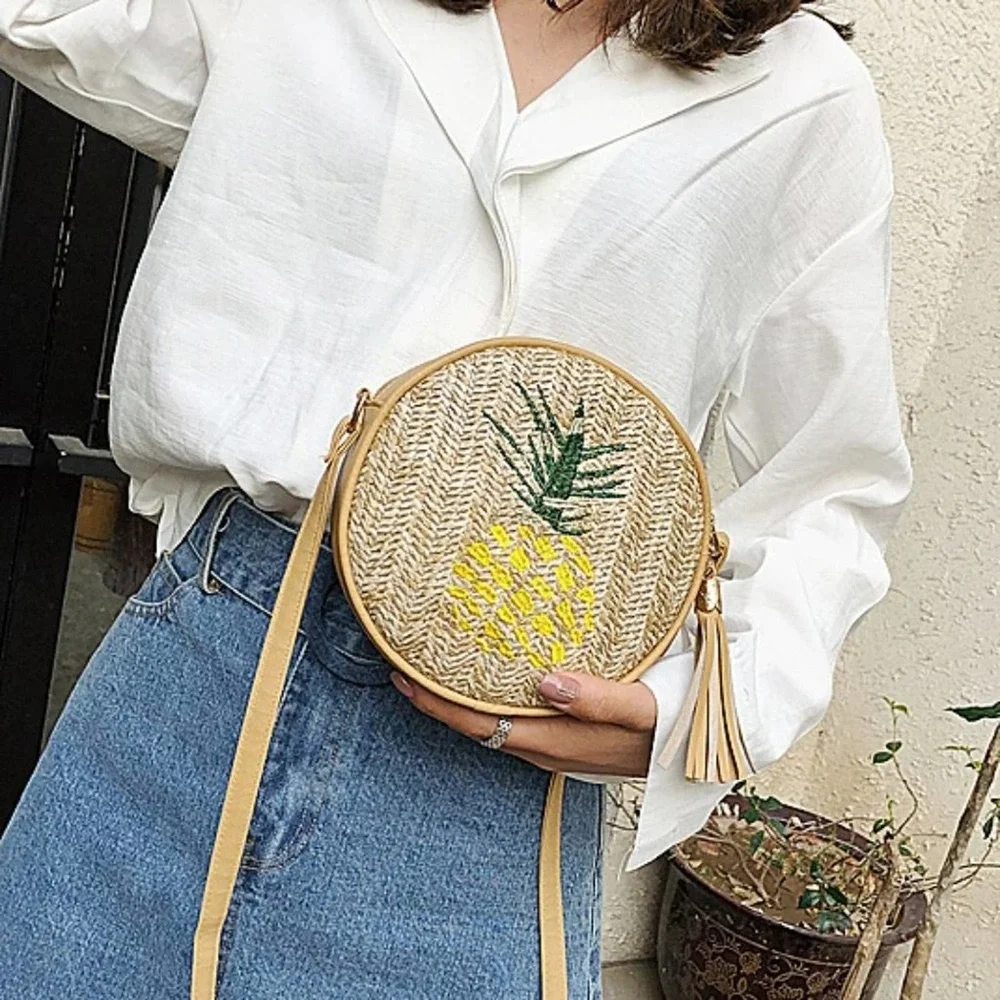 Tropical Pineapple Embroidered Round Straw Crossbody Bag - Picture 4 of 16
